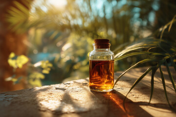 Small glass bottle with amber liquid and cork stopper on textured surface with tropical leaves and sunlight