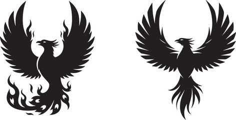 Fototapeta premium Two phoenix birds in black silhouette isolated on white background