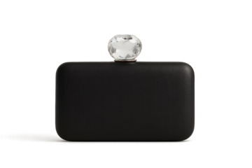 Classic black clutch bag with oversized gem clasp on transparent background