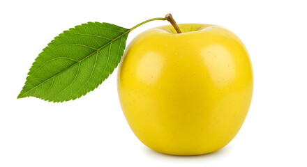 A single ripe yellow apple with a green leaf sits on a pristine white background, perfect for your healthy food advertisements.