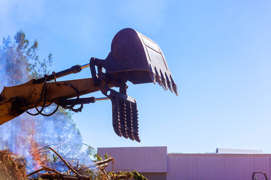 Heavy machinery moves debris at construction site under works deforester day in forested area.