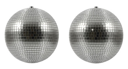 Two silver disco balls isolated on white background, perfect for your party or nightlife designs and projects.