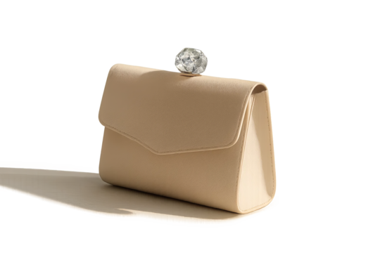 Beige clutch bag with top gem clasp and shadow on transparent background - Powered by Adobe
