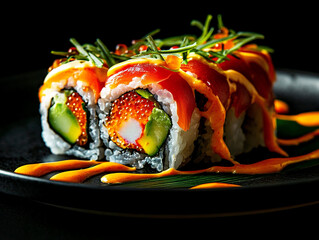 Freshly prepared sushi rolls placed on a clean, minimalist background. The colorful ingredients, including fresh fish, rice, and seaweed, create a visually appealing and appetizing composition, perfec