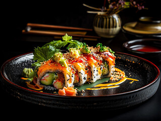 Freshly prepared sushi rolls placed on a clean, minimalist background. The colorful ingredients, including fresh fish, rice, and seaweed, create a visually appealing and appetizing composition, perfec