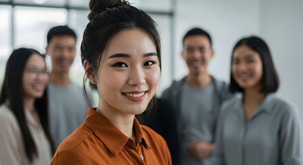 Confident young Asian businesswoman smiling, successful team in background, modern office setting, diverse colleagues.