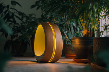 Oval wooden lamp with yellow light glowing between wood grain and dark green plants image