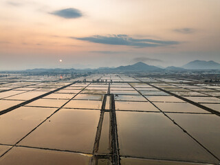 aerial view salt fields in fujian during sunet