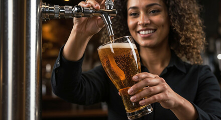 Woman pouring draft beer with a smile at a bar counter  