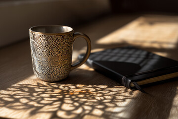 Ornate patterned mug and black notebook on wooden surface with dappled sunlight shadows coffee cup tea cup