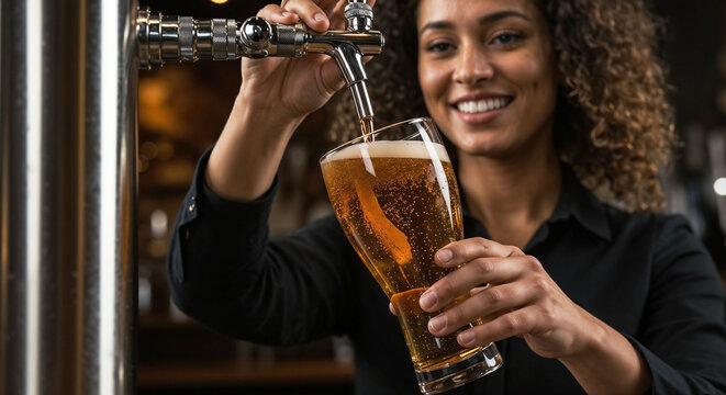 Woman pouring draft beer with a smile at a bar counter   - Powered by Adobe