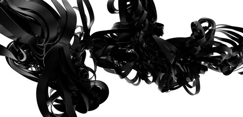 High-resolution image of abstract black swirls, perfect for backgrounds and designs.  3D rendered.