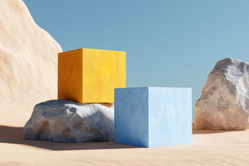 Yellow and blue cubes on rocks against a clear blue sky and sand dunes abstract background