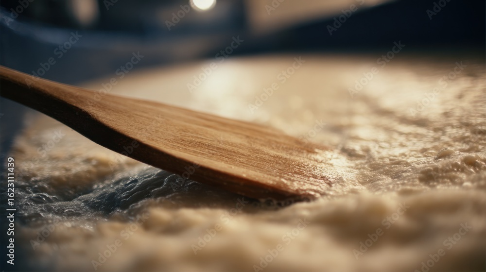 Poster medium shot showing wooden paddle partially submerged in cacaofruit pulp fermenting tank clear focus