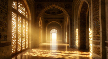 Sunlight streams through ornate arches in a grand palace hallway, illuminating intricate details and creating a serene and majestic atmosphere.