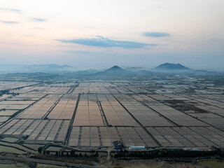 aerial view salt fields in fujian during sunet