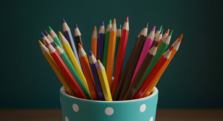 A teal polka dot cup overflowing with colorful pencils sits on a wooden desk against a dark green background, perfect for back to school.