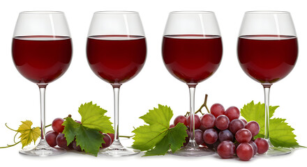 Four glasses of rich red wine with ripe red grapes and lush green leaves, perfect for wine tasting events.