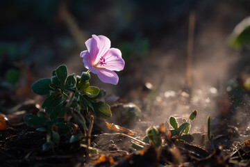 Single purple flower with delicate petals illuminated by soft sunlight amidst misty ground cover image