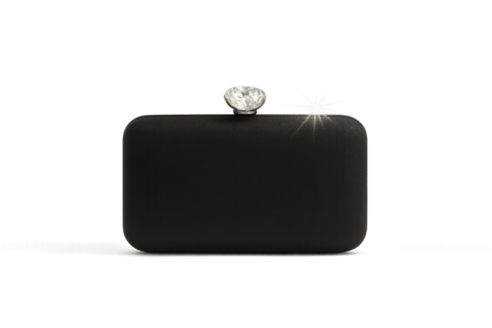 Black clutch bag with sparkling gem clasp on transparent background