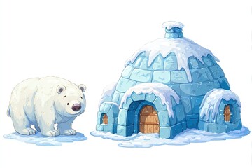 Cartoon igloo house with snow-dusted roof icy blue details and friendly polar bear neighbor isolated on white background