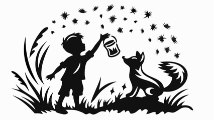 Fototapeta premium Silhouette of a boy with a bucket sharing stars with a fox in a field of grass and foliage art