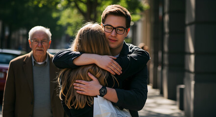 Young couple embraces warmly on city street, showing love and affection, a tender moment captured in sunlight.