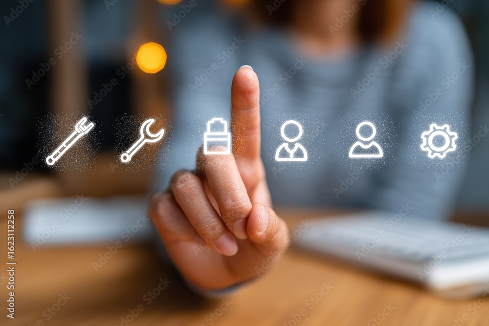 Poster digital interface for tech support displayed as a hand interacts with icons on a wooden desk in a co