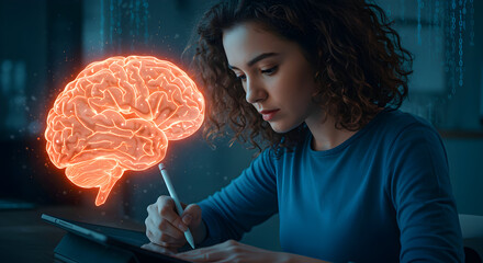 Young woman uses a stylus on a tablet, a glowing brain hovers beside her, representing intelligence and innovation.