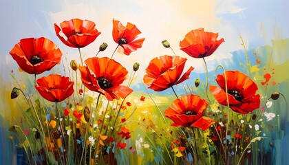 Vibrant field of crimson poppies in full bloom under a sunny sky expressive oil painting