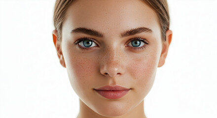 Beautiful young woman with flawless skin and freckles, perfect makeup and healthy glow, ideal for beauty and cosmetics advertising.