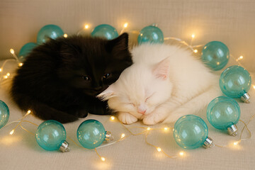 Cute little black and white kittens are sleeping on a white sofa surrounded by turquoise transparent christmas balls and warm light chain, cozy christmas time at home 