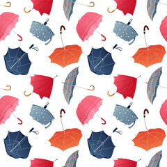 Colorful seamless pattern with umbrellas in different shapes and colors. Autumn vector background with cozy mood Textured fall repeat design for seasonal prints, wrapping papper and fabric