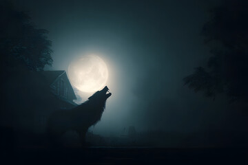 A portrait of scary wolf, hairy Werewolf growling in the moonlight over a full moon shining on a dark scary mystery foggy forest with a gothic house under the moon. Generative AI Technology