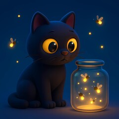 Glass Jar Full of Fireflies Beside a Black Cat
