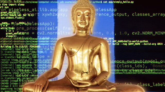 cutout golden buddha statues with glitch background