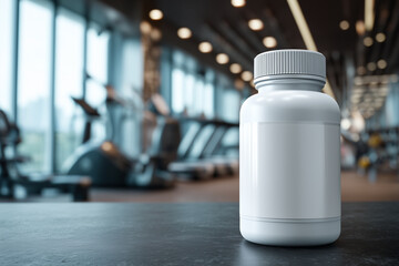 White pill bottle with blank label on dark surface in gym with treadmills white bottle supplement