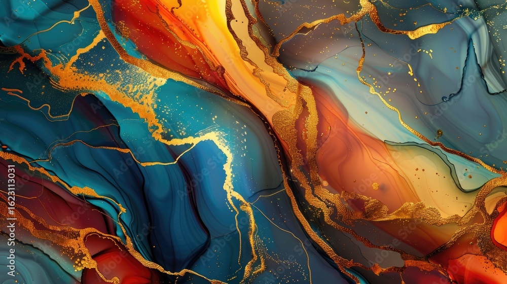 Poster abstract fluid art with vibrant colors and golden accents creating a dynamic composition.
