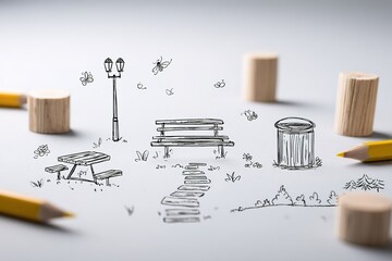 Creative illustration of a park scene with drawings of benches, trees, and a trash can surrounded by yellow pencils