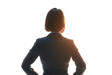 Professional woman standing confidently with hands on hips and back to the camera in a well-lit environment during daytime