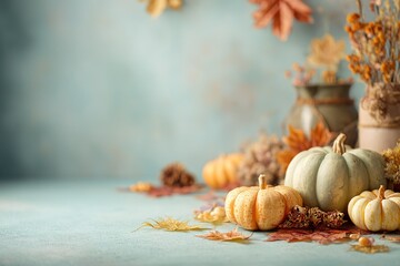 Colorful autumn harvest display with pumpkins and autumn leaves on a rustic table setting