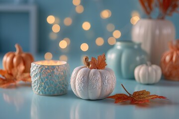 Decorative white pumpkins and candles create a cozy autumn atmosphere in a softly lit setting