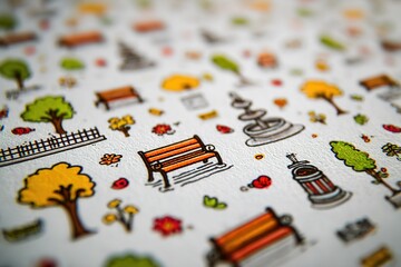 Colorful pattern featuring benches, trees, and park elements creating a vibrant outdoor atmosphere