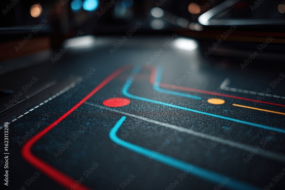 Poster colorful circuit board pattern on a dark surface captures technology's intricate design during a lat