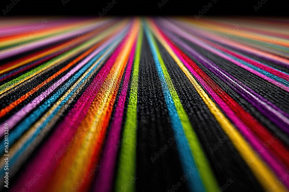 Poster colorful textile patterns displayed in vibrant stripes with a dark background creating a striking vi
