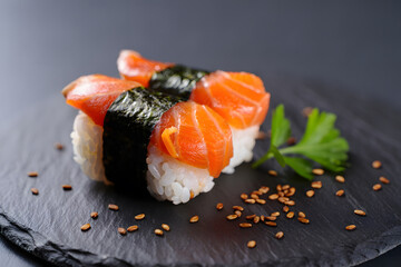 Delicious Salmon Sushi: Gourmet Japanese Food, Close-up Photography