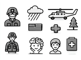 Simple grayscale icons depicting various aid-related elements