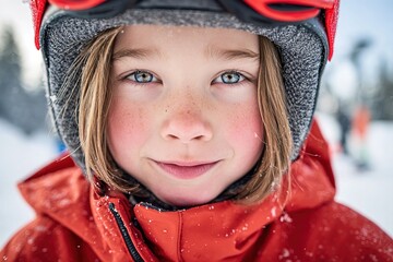 Young skier enjoying a snowy day on the slopes with a smile and bright eyes in a winter wonderland