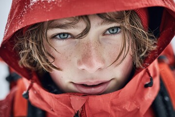 Young adventurer in warm red jacket embraces snowy landscape with determination and focus during winter expedition
