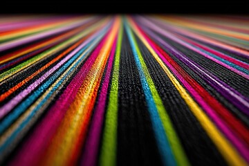 Colorful textile patterns displayed in vibrant stripes with a dark background creating a striking visual contrast